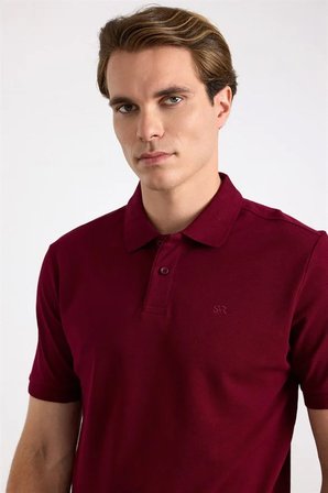Koyu Bordo Regular Düz Nakışlı Pike Düğmeli Polo Yaka Tişört
