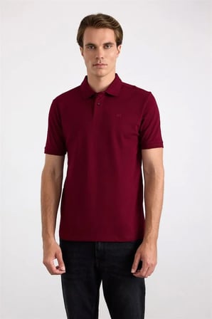 Koyu Bordo Regular Düz Nakışlı Pike Düğmeli Polo Yaka Tişört
