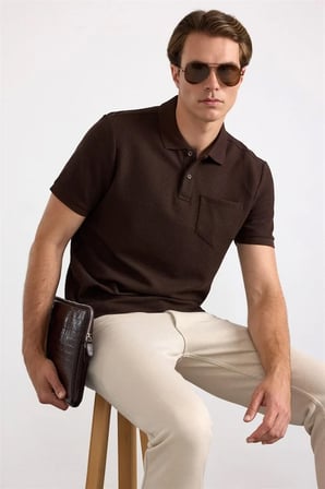 Koyu Kahve Regular Düz Baskısız Pike Düğmeli Polo Yaka Tişört