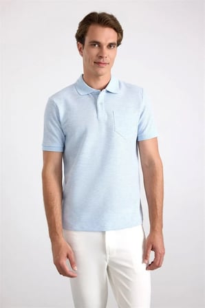 Buz Mavi Regular Düz Baskısız Pike Düğmeli Polo Yaka Tişört