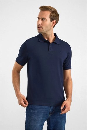 Lacivert Regular Düz Nakışlı Pike Düğmeli Polo Yaka Tişört