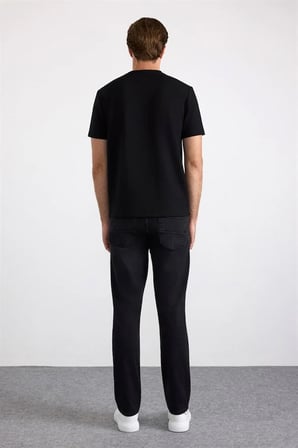 Siyah Slim Düz Baskısız İnterlok Bisiklet Yaka Tişört