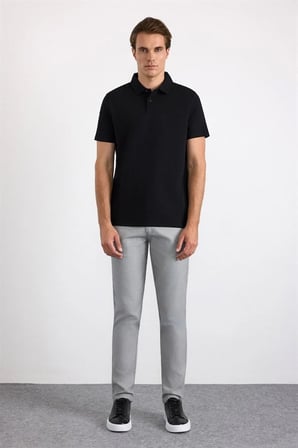 Siyah Slim Düz Baskısız Armürlü Düğmeli Polo Yaka Tişört
