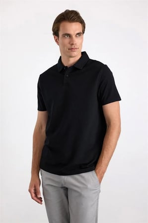 Siyah Slim Düz Baskısız Armürlü Düğmeli Polo Yaka Tişört