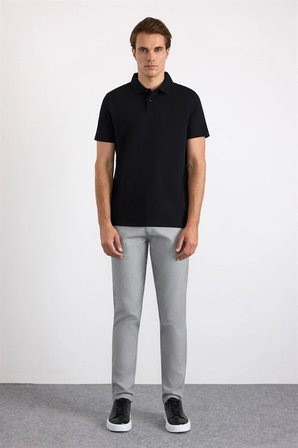 Siyah Slim Düz Baskısız Armürlü Düğmeli Polo Yaka Tişört
