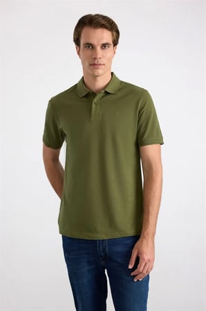 Haki Regular Düz Nakışlı Pike Düğmeli Polo Yaka Tişört