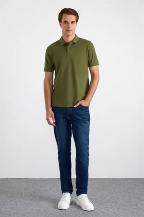 Haki Regular Düz Nakışlı Pike Düğmeli Polo Yaka Tişört
