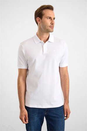 Beyaz Regular Düz Nakışlı Pike Düğmeli Polo Yaka Tişört