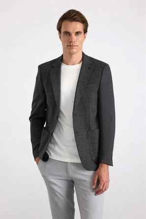 Siyah Slim Mono Yaka Düz Saten Torba Cep 6 Drop Klasik Ceket