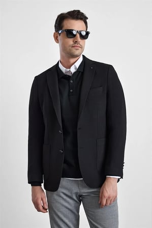 Siyah Slim Sivri Yaka Torba Cep 6 Drop Klasik Ceket