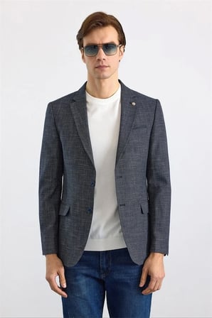 Lacivert Slim Mono Yaka Düz Pike Torba Cep Yıkamalı 6 Drop Klasik Ceket