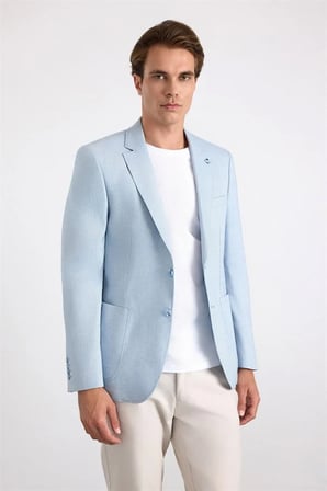 Saks Mavi Slim Sivri Yaka Düz Poplin Torba Cep 6 Drop Klasik Ceket