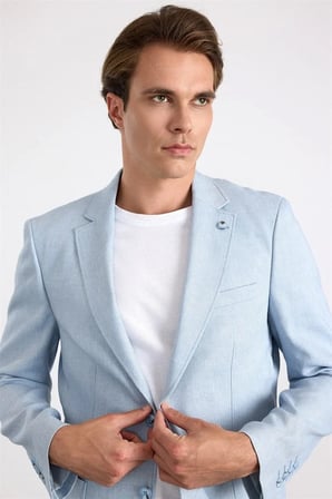 Saks Mavi Slim Sivri Yaka Düz Poplin Torba Cep 6 Drop Klasik Ceket