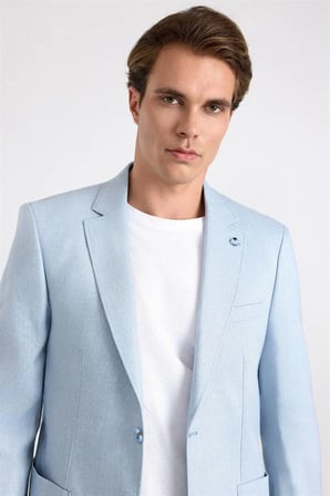 Saks Mavi Slim Sivri Yaka Düz Poplin Torba Cep 6 Drop Klasik Ceket