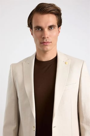 Bej Slim Mono Yaka Düz Poplin Torba Cep 6 Drop Klasik Ceket