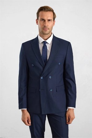 Lacivert Slim Kruvaze Yaka Düz Armürlü Torba Cep 6 Drop Takım Elbise