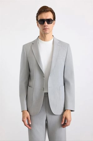 Gri Slim Mono Yaka Düz Torba Cep 6 Drop Takım Elbise