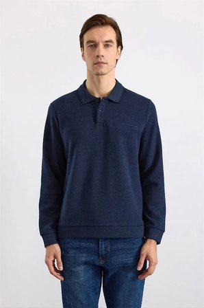 Lacivert Regular Düz Polo Yaka Sweatshirt