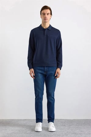 Lacivert Regular Düz Polo Yaka Sweatshirt