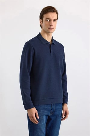 Lacivert Regular Düz Polo Yaka Sweatshirt