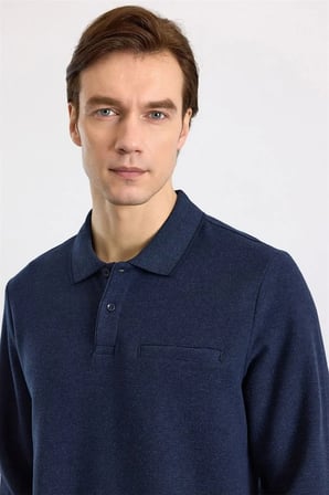 Lacivert Regular Düz Polo Yaka Sweatshirt