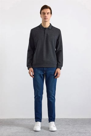 Antrasit Regular Düz Polo Yaka Sweatshirt