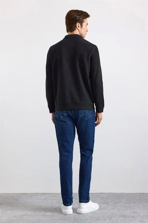 Siyah Regular Düz Polo Yaka Sweatshirt