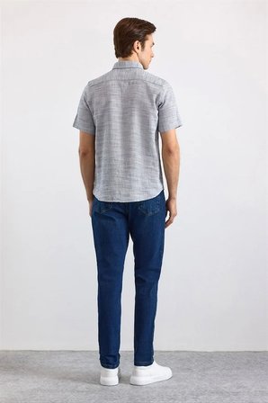 Lacivert Regular Düğmeli Yaka Düz Düz Kapaksız Cep Düğmeli Kısa Kollu Standart Casual Gömlek