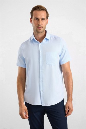 Buz Mavi Regular Klasik Yaka Düz Twill Torba Cep Düz Kısa Kollu Klasik Gömlek