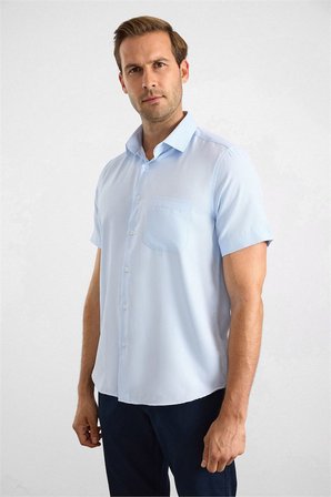 Buz Mavi Regular Klasik Yaka Düz Twill Torba Cep Düz Kısa Kollu Klasik Gömlek