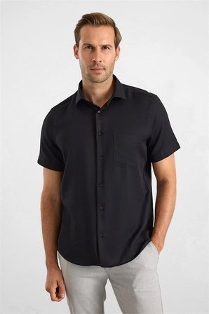 Siyah Regular Klasik Yaka Düz Twill Torba Cep Düz Kısa Kollu Klasik Gömlek