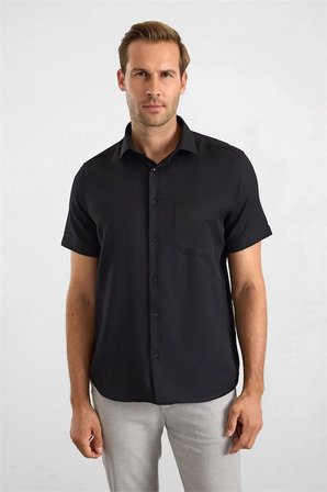 Siyah Regular Klasik Yaka Düz Twill Torba Cep Düz Kısa Kollu Klasik Gömlek