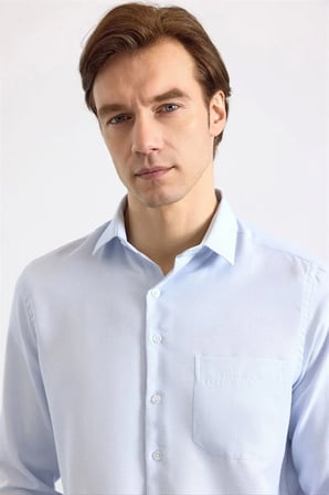 Buz Mavi Regular Klasik Yaka Düz Düz Kapaksız Cep Düğmeli Uzun Kollu Standart Casual Gömlek