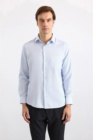 Buz Mavi Regular Klasik Yaka Düz Düz Kapaksız Cep Düğmeli Uzun Kollu Standart Casual Gömlek