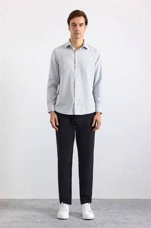 Lacivert Regular Klasik Yaka Düz Düz Kapaksız Cep Düğmeli Uzun Kollu Standart Casual Gömlek