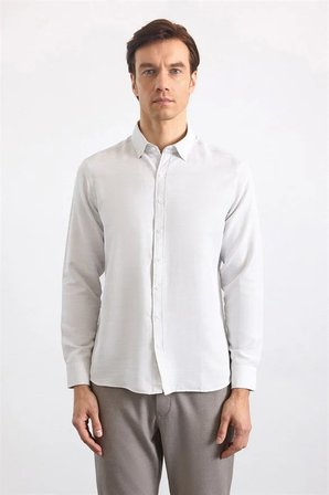 Bej Slim Klasik Yaka Düz Düz Cepsiz Düğmeli Uzun Kollu Standart Casual Gömlek