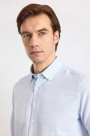 Buz Mavi Slim Klasik Yaka Düz Düz Cepsiz Düğmeli Uzun Kollu Standart Casual Gömlek