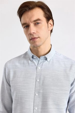 Lacivert Slim Klasik Yaka Düz Düz Cepsiz Düğmeli Uzun Kollu Standart Casual Gömlek