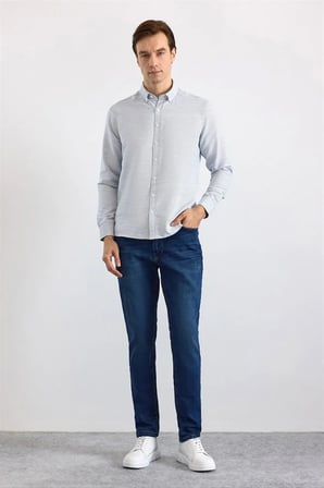 Lacivert Slim Klasik Yaka Düz Düz Cepsiz Düğmeli Uzun Kollu Standart Casual Gömlek