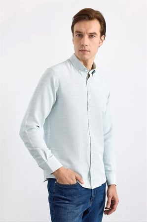 Su Yeşili Slim Klasik Yaka Düz Düz Cepsiz Düğmeli Uzun Kollu Standart Casual Gömlek
