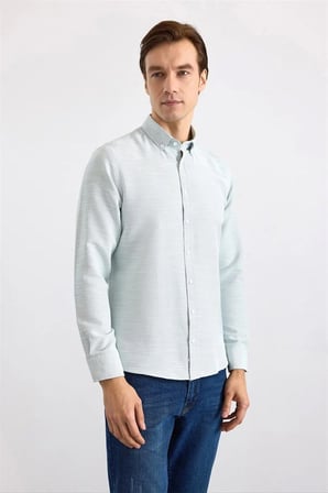 Su Yeşili Slim Klasik Yaka Düz Düz Cepsiz Düğmeli Uzun Kollu Standart Casual Gömlek
