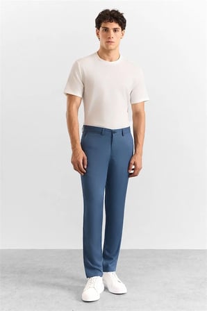 Saks Mavi Slim Düz Düz Normal Bel Casual Pantolon