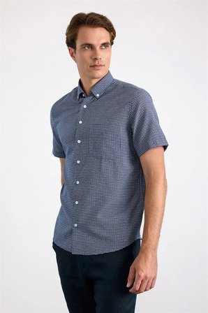 Lacivert Regular Düğmeli Yaka Kareli İpliği Boyalı Kapaksız Cep Düz Kısa Kollu Casual Gömlek