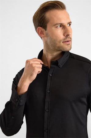 Siyah Slim Düğmeli Yaka Manşetli Casual Gömlek
