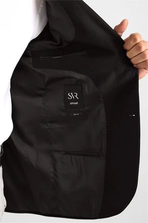 Siyah Slim Sivri Yaka Düz Armürlü Kapaklı Cep 8 Drop Klasik Ceket