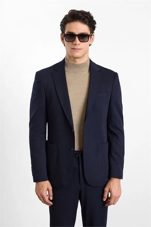Lacivert Slim Mono Yaka Düz Armürlü Torba Cep Takım Elbise