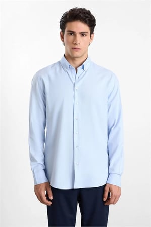 Buz Mavi Slim Düğmeli Yaka Düz Oxford Cepsiz Düğmeli Uzun Kollu Casual Gömlek