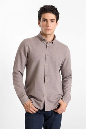 Vizon Regular Düğmeli Yaka Düz Waffle Cepsiz Düğmeli Uzun Kollu Casual Gömlek