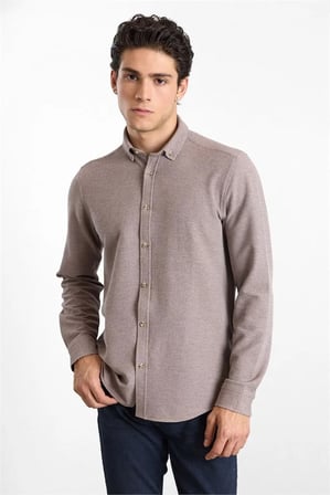 Vizon Regular Düğmeli Yaka Düz Waffle Cepsiz Düğmeli Uzun Kollu Casual Gömlek