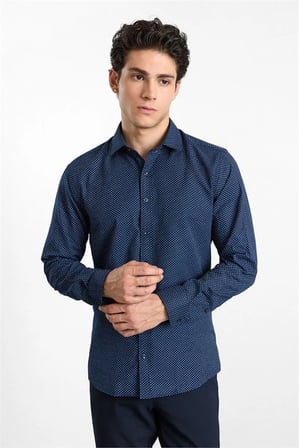 Lacivert Slim Klasik Yaka Minimal Oxford Cepsiz Düğmeli Uzun Kollu Casual Gömlek